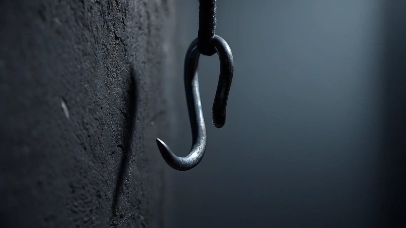 A single bare steel S-hook hanging beside a dark textured wall with nothing on it, lit from the right by cold blue-grey light.