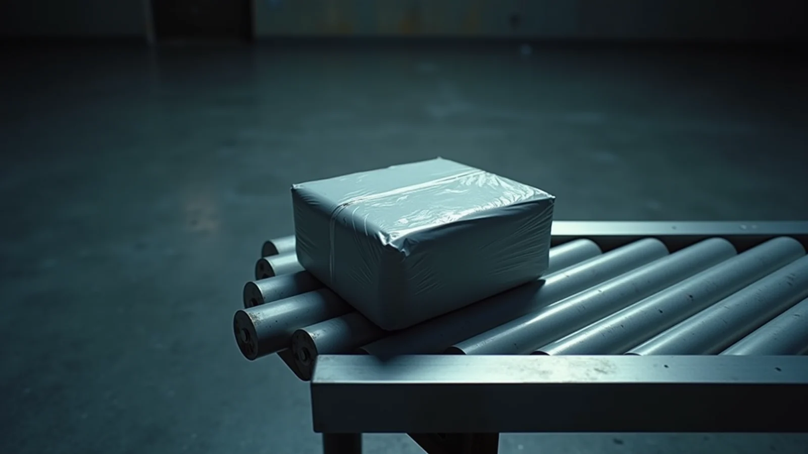 A wrapped parcel without a visible label on a metal conveyor in blue light.