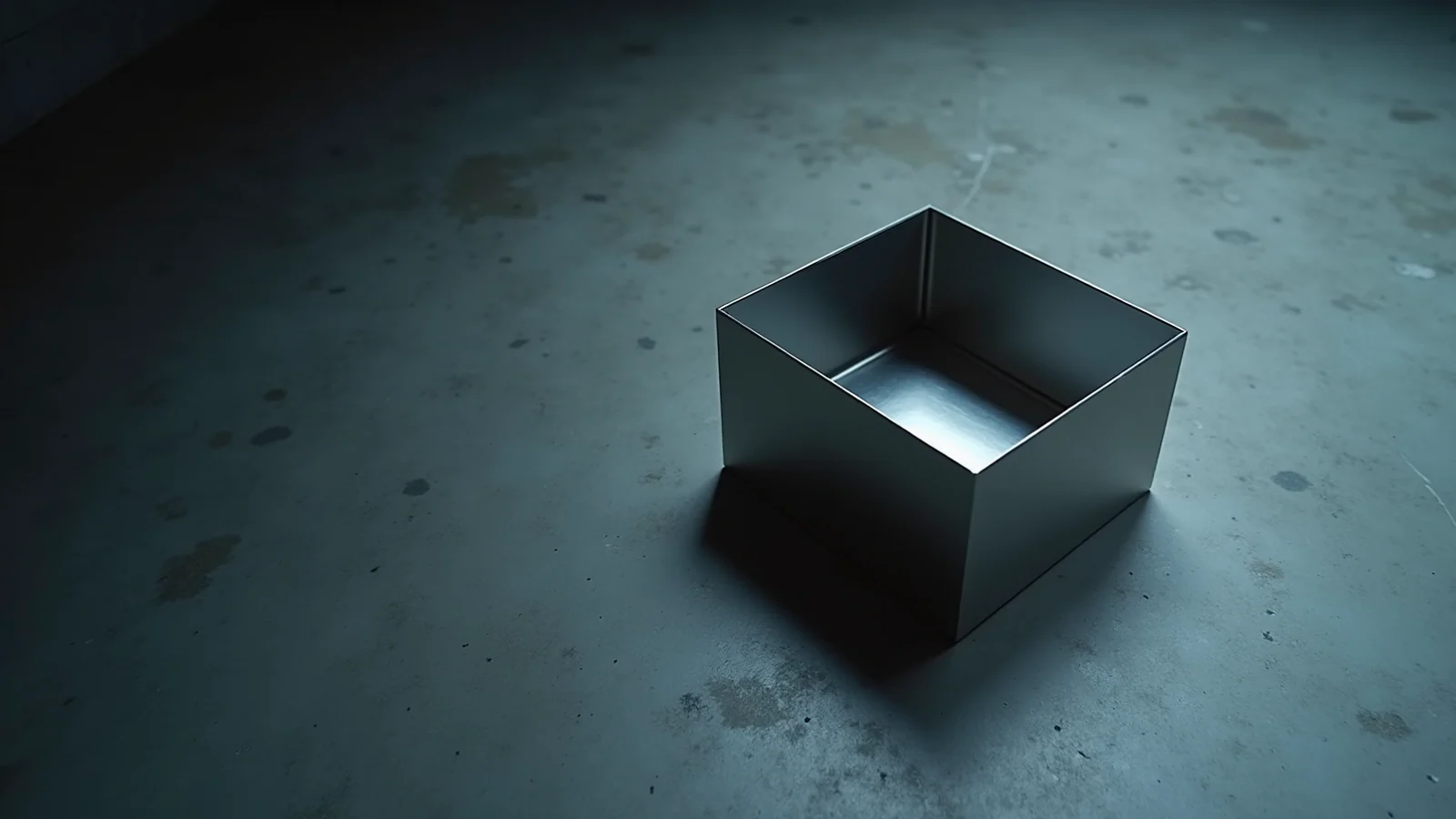 A single open brushed-steel box, empty, on a stained grey concrete floor.