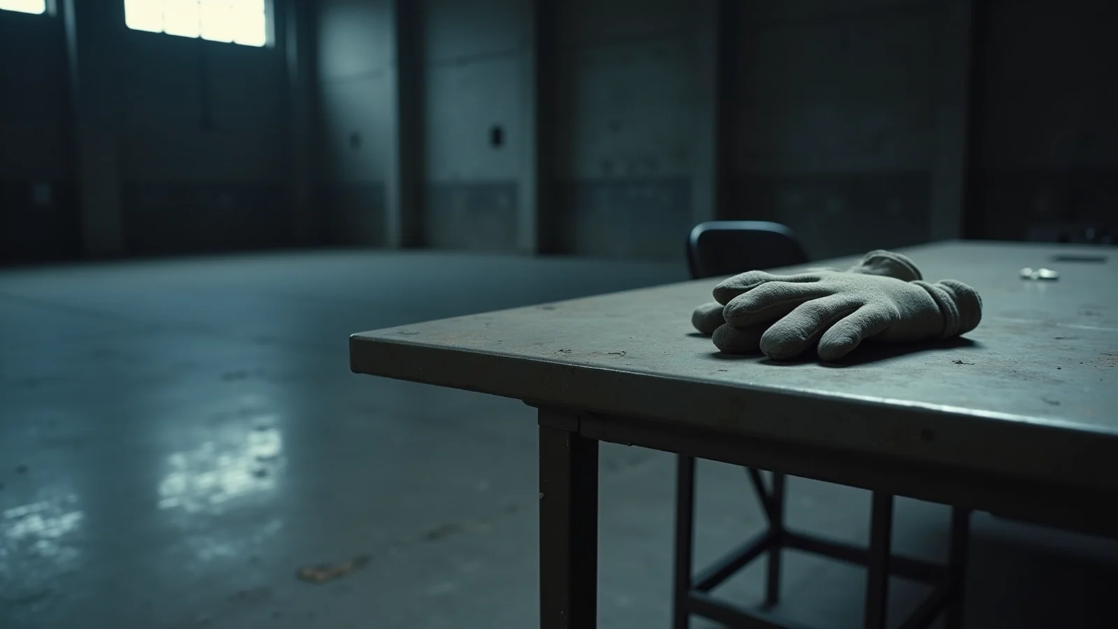 A pair of worn grey work gloves resting on the corner of a steel worktable in an empty, dim concrete warehouse.