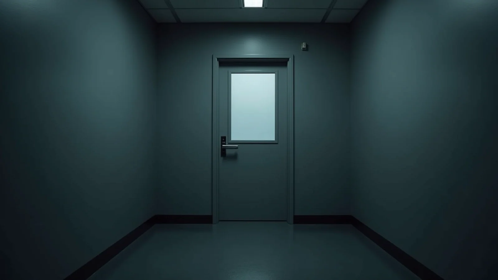 A plain grey door with a blank frosted-glass panel at the end of an empty grey room.