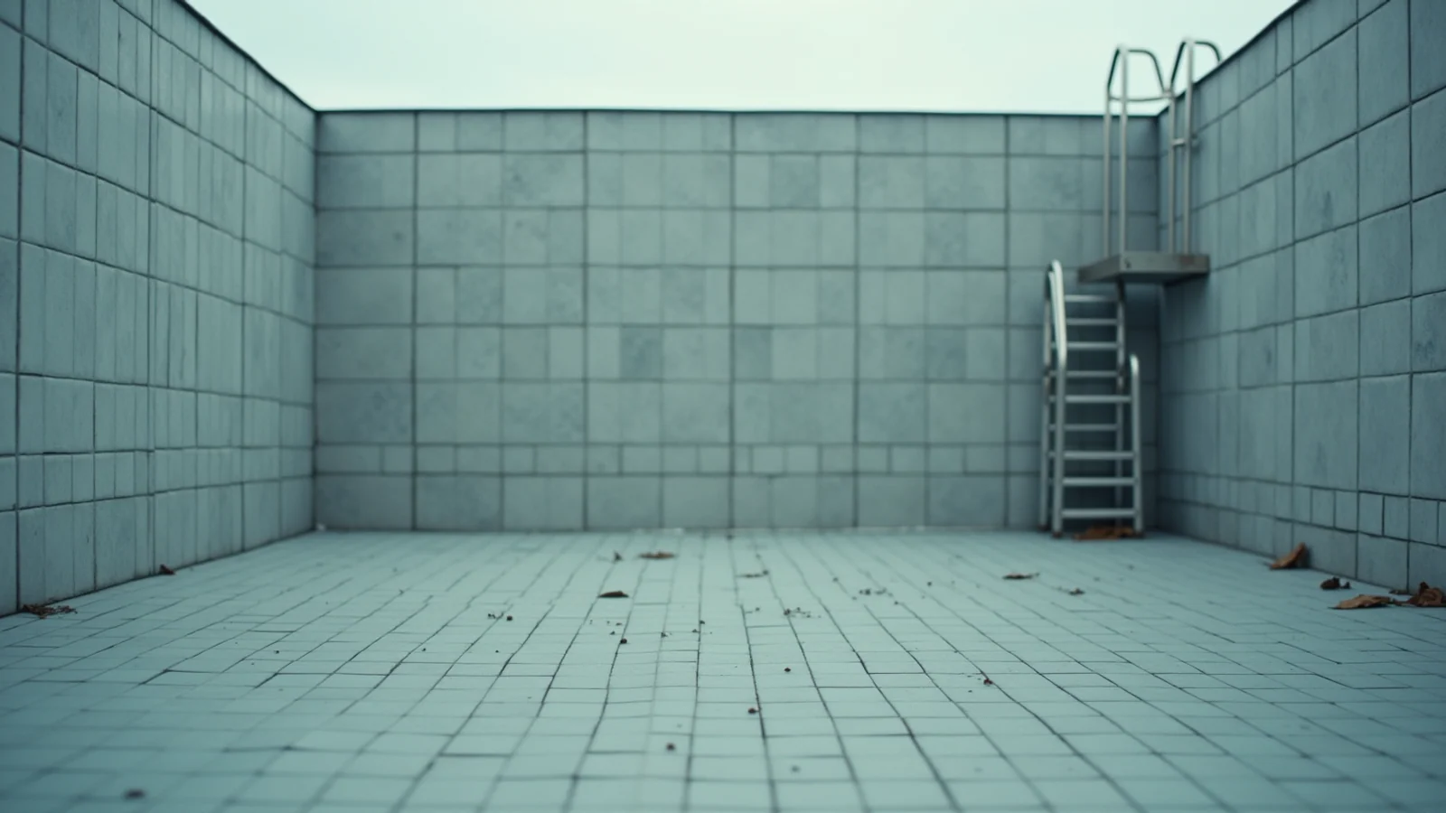 An empty drained swimming pool with pale grey tiles and a steel ladder, a few dead leaves scattered on its floor.