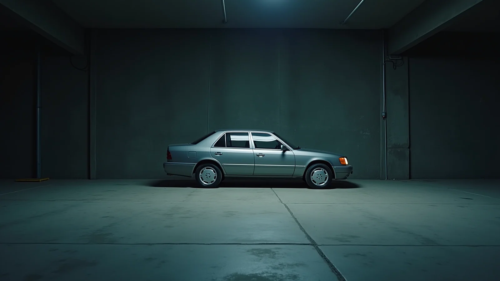 A single grey sedan parked alone in a vast, empty concrete parking garage.