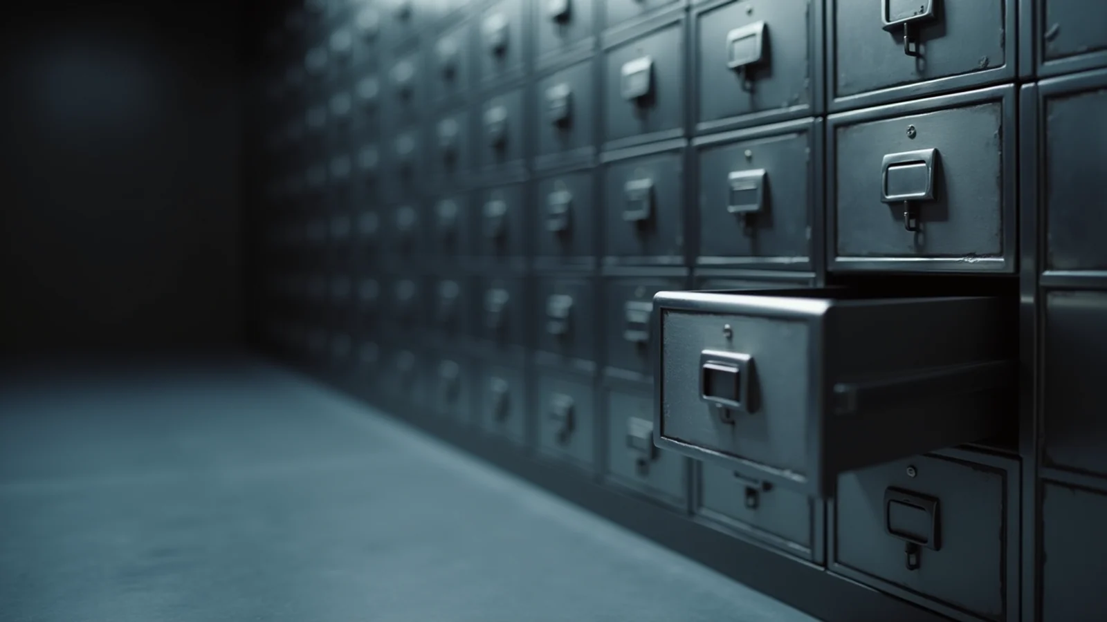 A wall of identical steel safe-deposit drawers in a dim vault, one drawer pulled open.