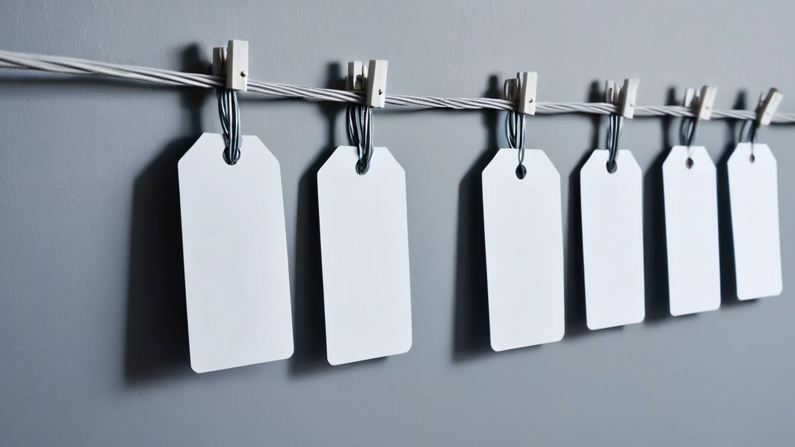 A row of identical blank pale card tags hanging from a taut wire against a plain cool grey wall, the nearest tag largest and fully lit while the rest recede along the wire and soften.