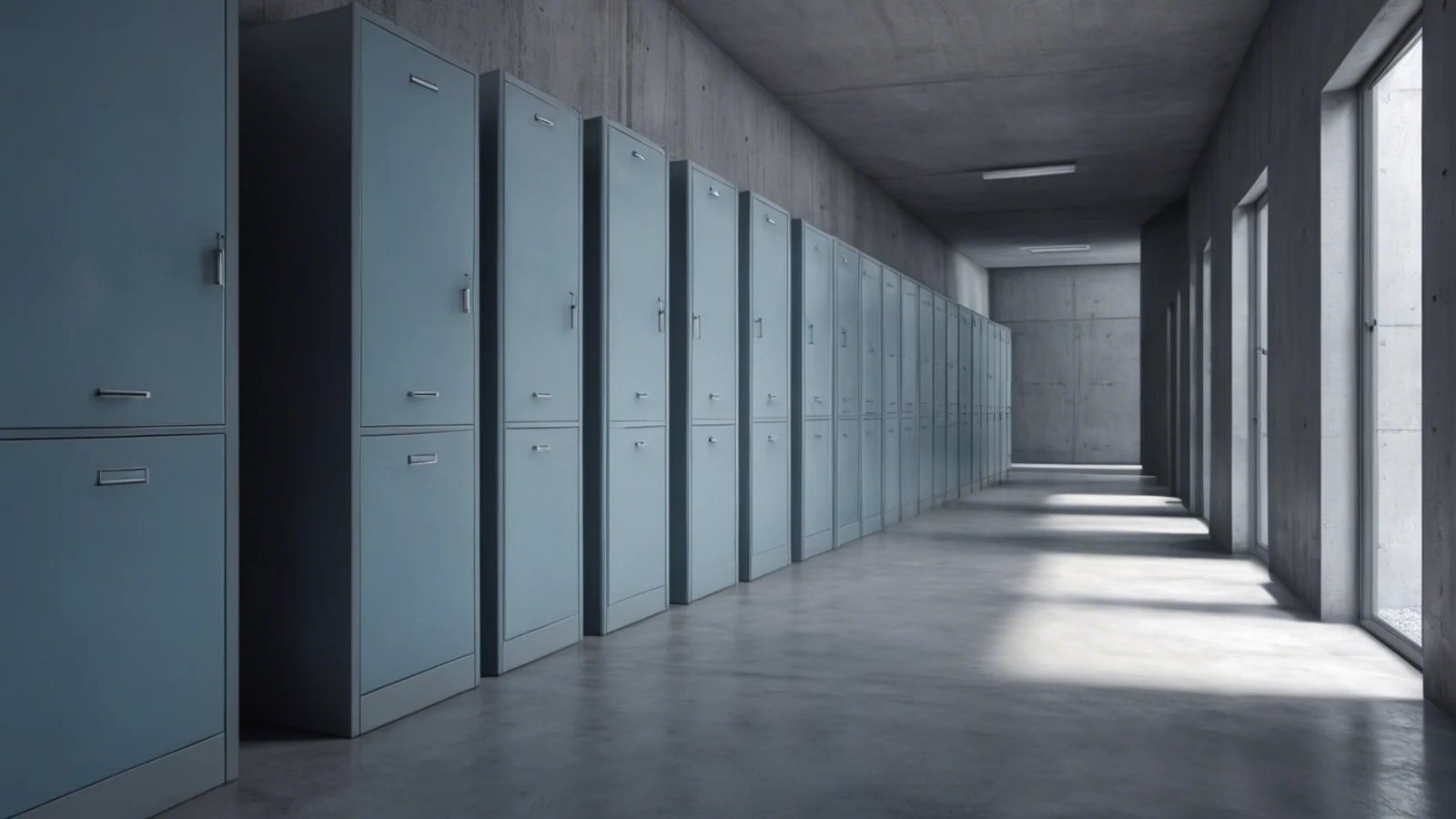 A long corridor lined with pale blue-grey steel filing cabinets receding under cold daylight, the run of cabinets ending at a blank concrete wall with no door or opening in it.