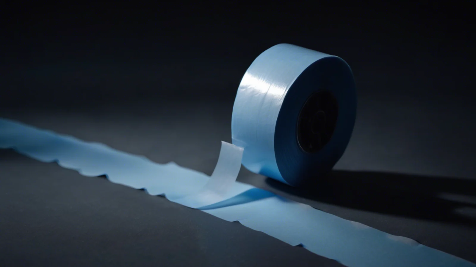 A roll of blank pale tape on a dark surface with its tape run out in a long unbroken strip across the floor and away into shadow, lit cold from one side.