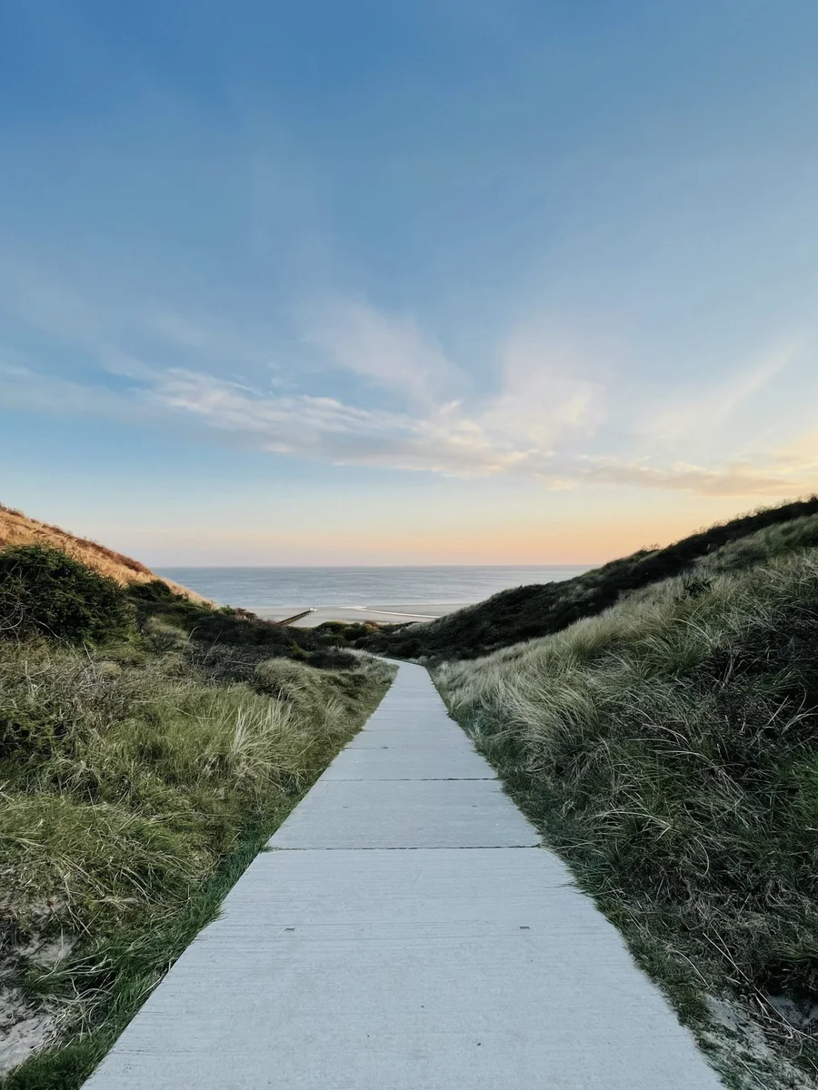 A pale concrete path running between grassy dunes toward the sea under a clear evening sky.